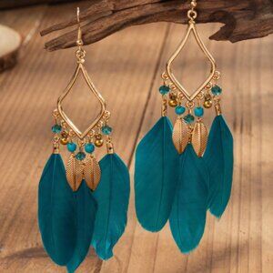 Turquoise American Geometric Shape Feather Earrings-Teal